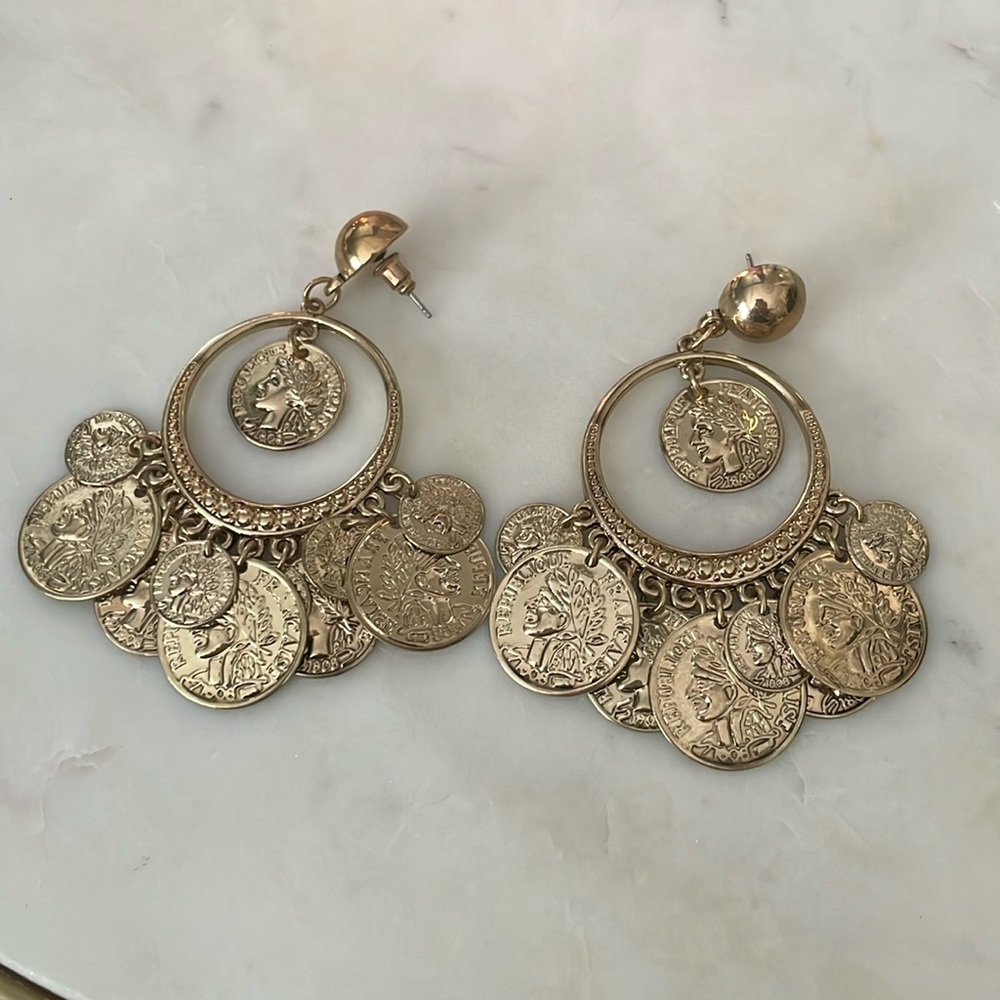Vintage Gold French Coin Hoop Earrings